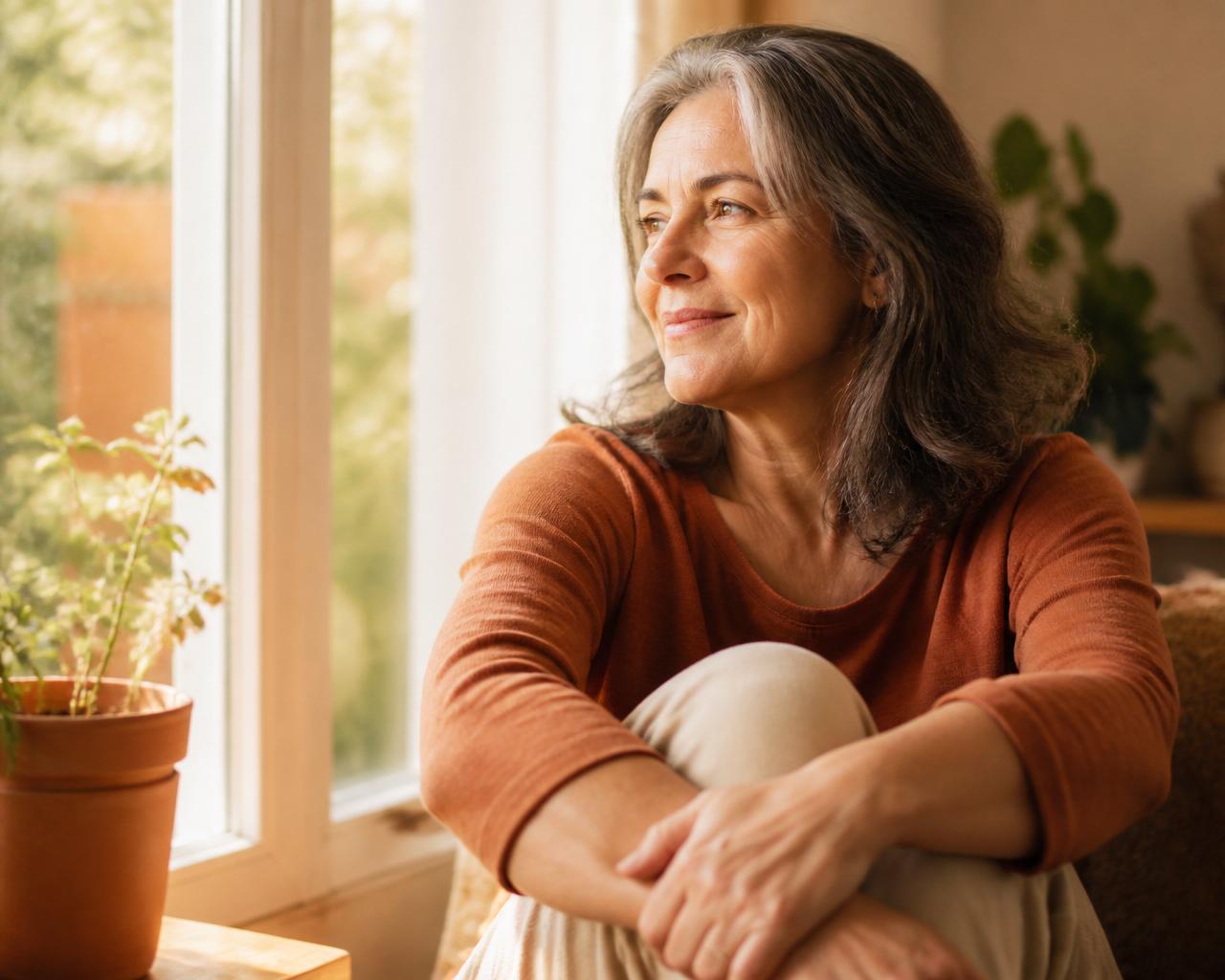 A calm person sitting by a warmly lit window, reflecting peacefully